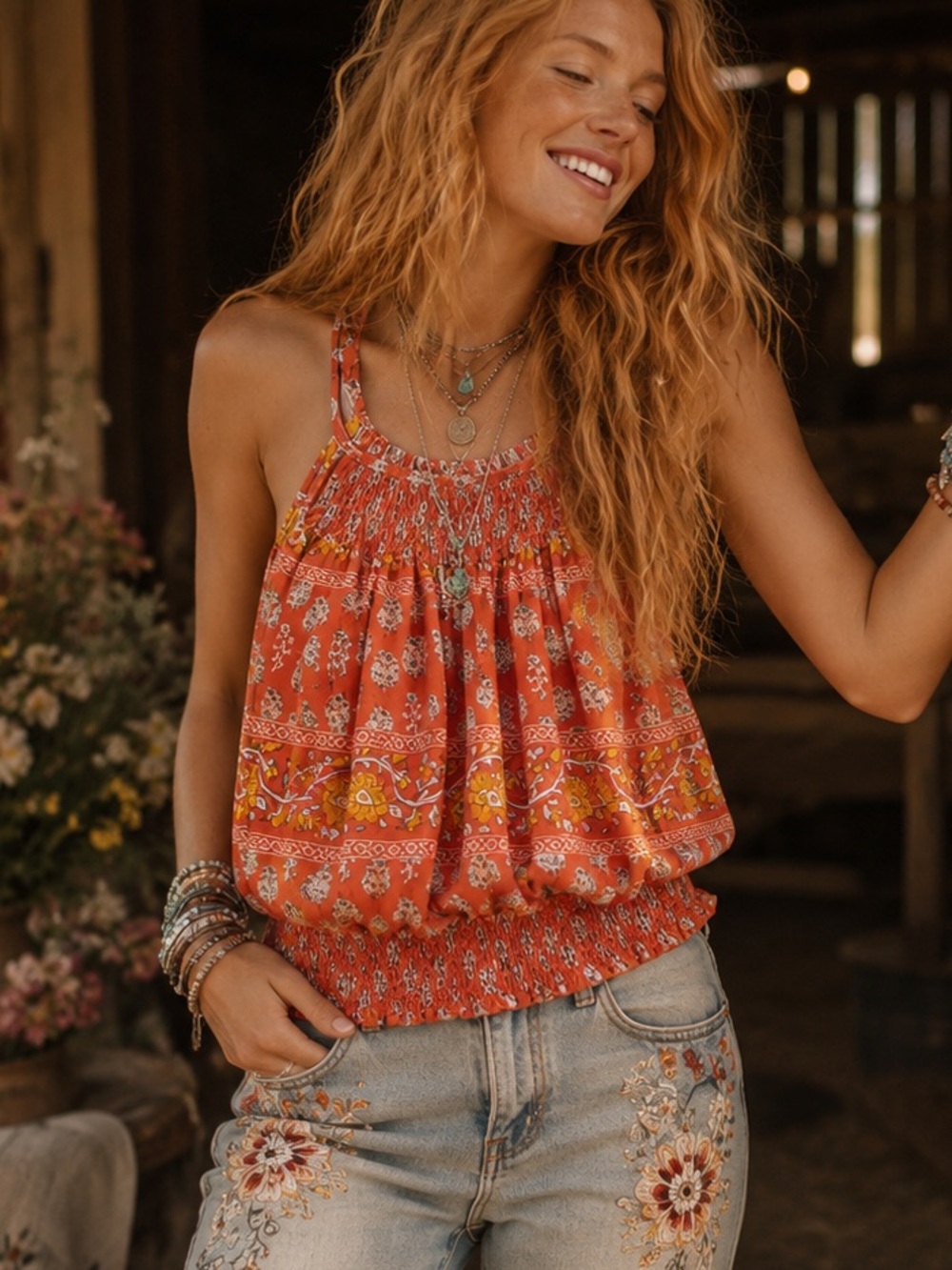 Nicole Miller Red-Orange Floral Smocked Hem Cami